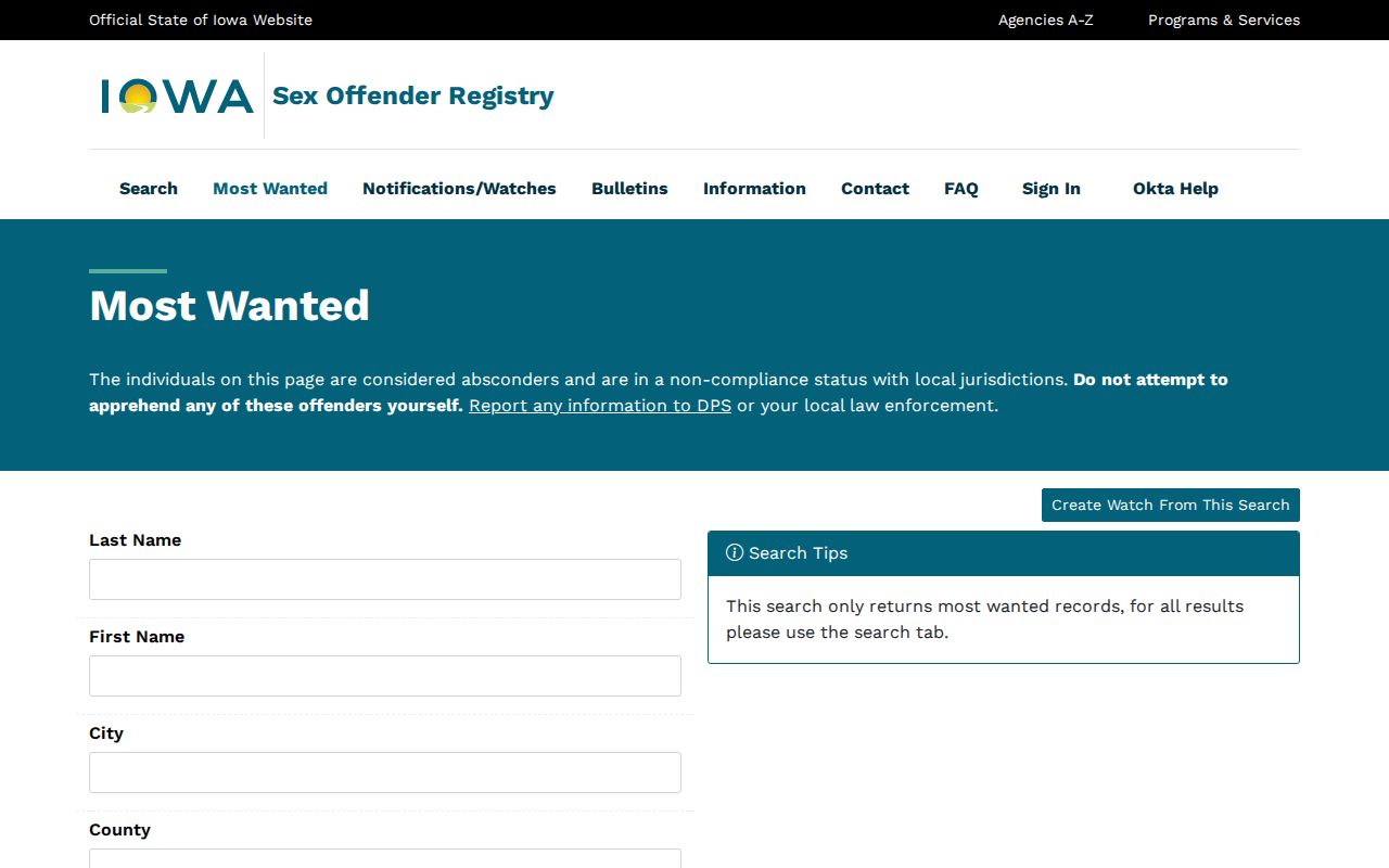 Keokuk County wanted records on the official Iowa specialty wanted-list interface
